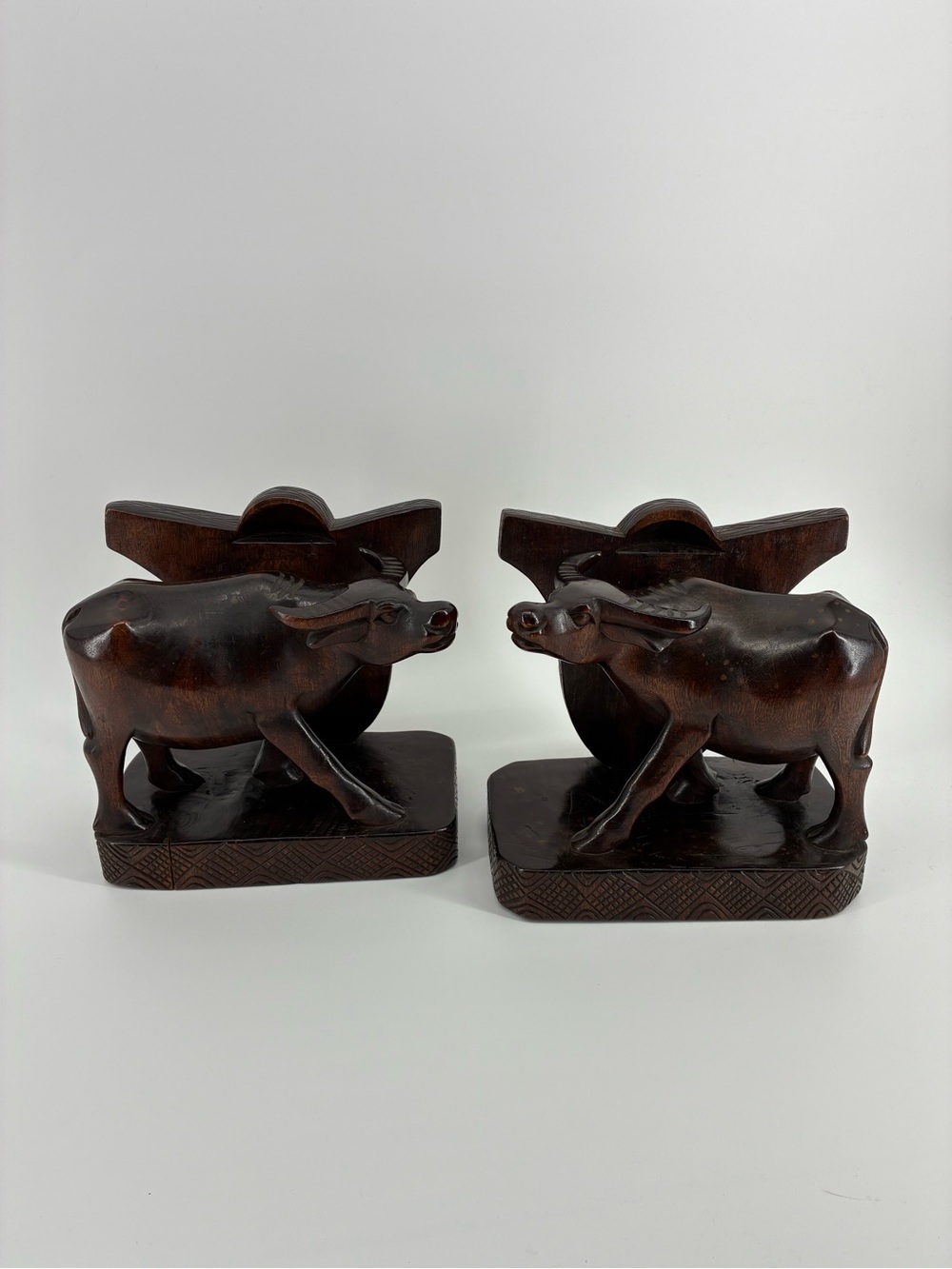 Hand-Carved Wooden Water Buffalo Bookends Decorations Accent  - Dark Brown